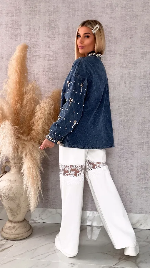 Wyjątkowa katana jeansowa cała w perełki ONE SIZE blue jeans - R606