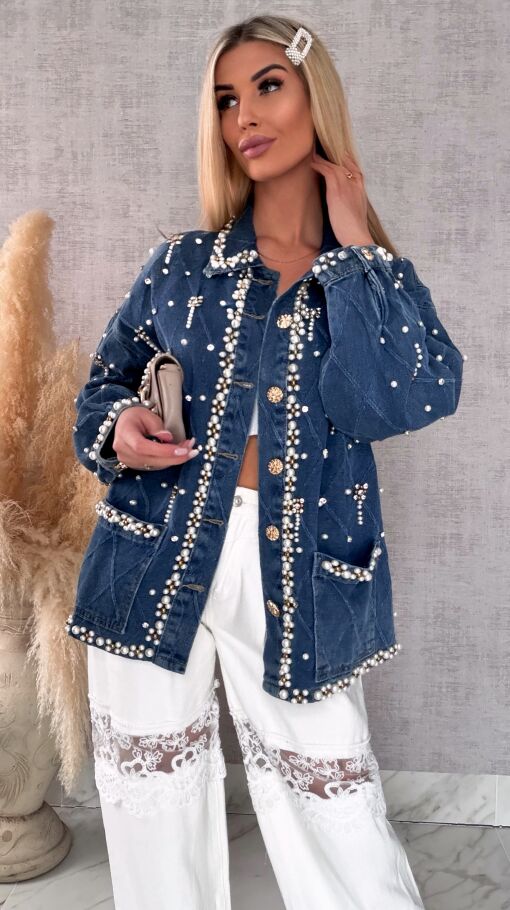 Wyjątkowa katana jeansowa cała w perełki ONE SIZE blue jeans - R606