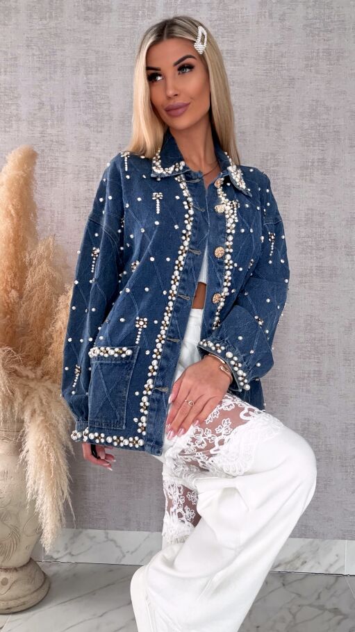 Wyjątkowa katana jeansowa cała w perełki ONE SIZE blue jeans - R606
