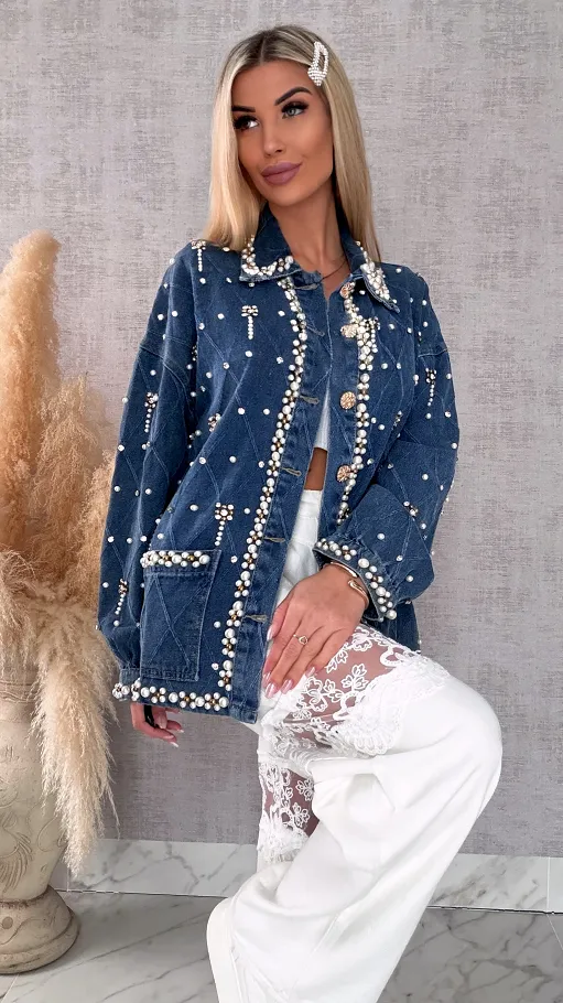 Wyjątkowa katana jeansowa cała w perełki ONE SIZE blue jeans - R606