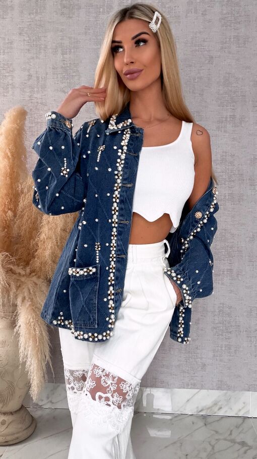 Wyjątkowa katana jeansowa cała w perełki ONE SIZE blue jeans - R606