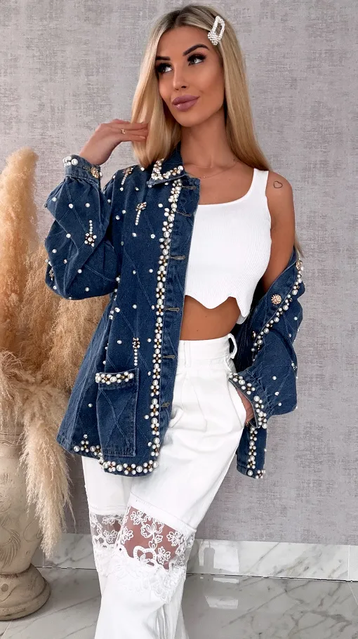 Wyjątkowa katana jeansowa cała w perełki ONE SIZE blue jeans - R606