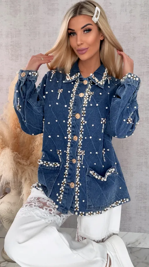 Wyjątkowa katana jeansowa cała w perełki ONE SIZE blue jeans - R606