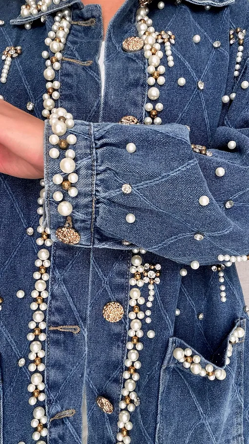 Wyjątkowa katana jeansowa cała w perełki ONE SIZE blue jeans - R606