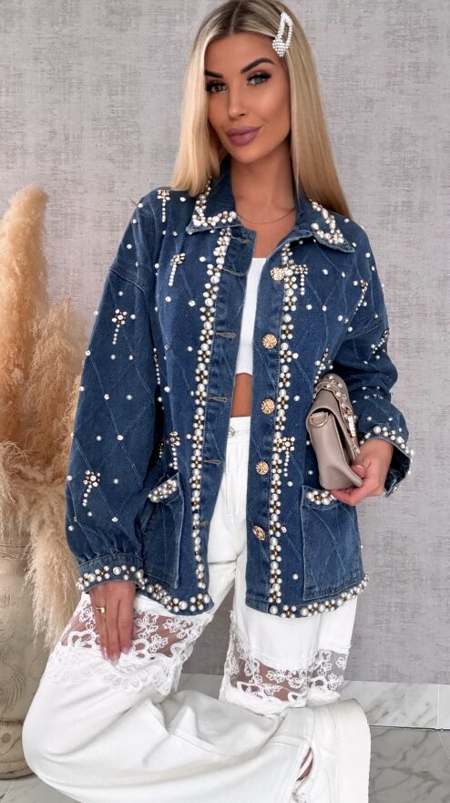 Wyjątkowa katana jeansowa cała w perełki ONE SIZE blue jeans - R606