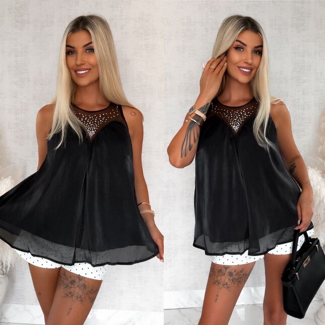 Elegancka czarna bluzka na ramiączkach w stylu bombki ONE SIZE - S176A