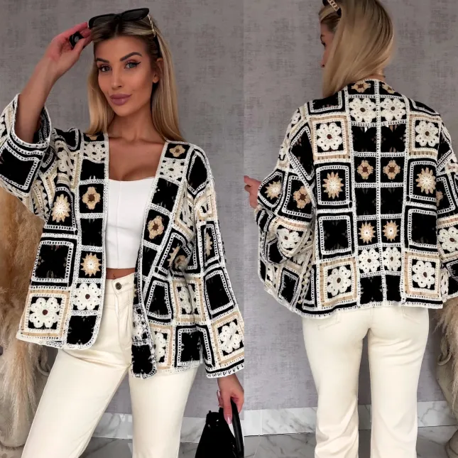 Krótki szydełkowy kardigan ONE SIZE black - R750B