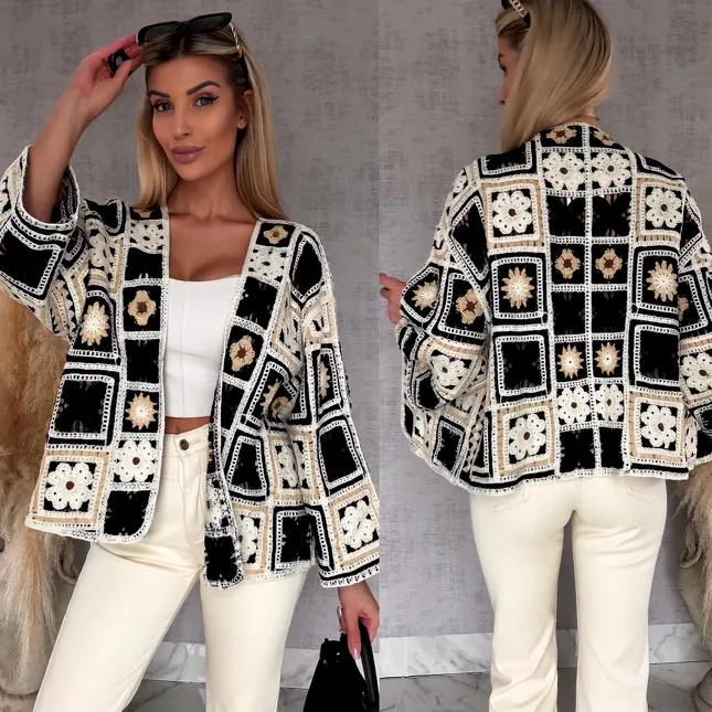 Krótki szydełkowy kardigan ONE SIZE black - R750B