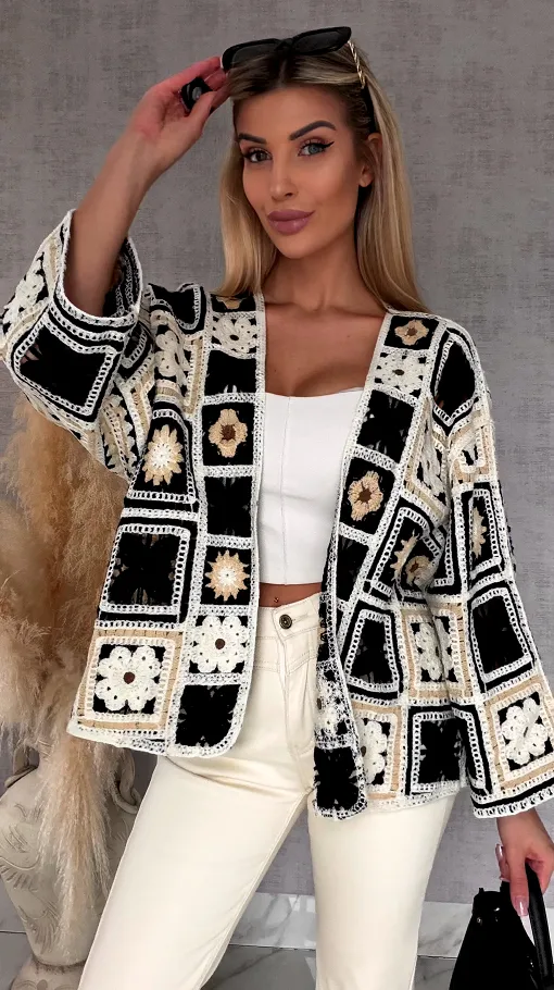 Krótki szydełkowy kardigan ONE SIZE black - R750B