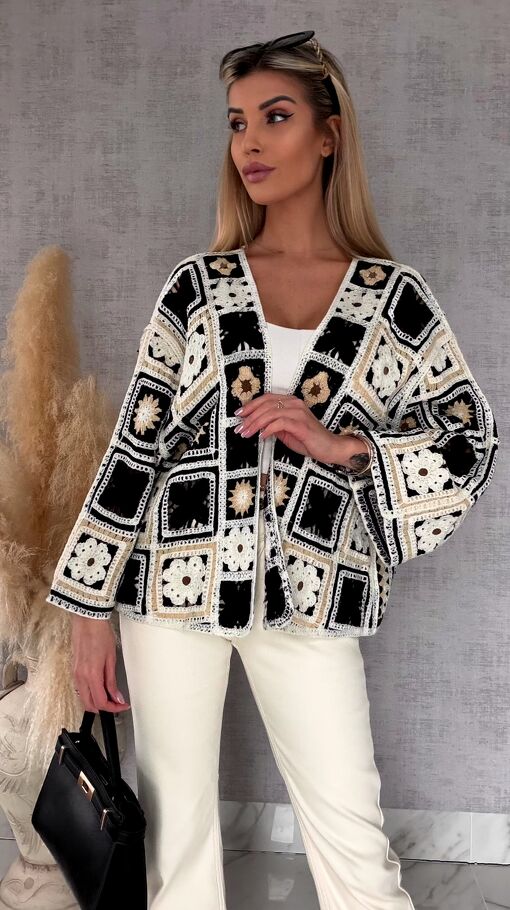 Krótki szydełkowy kardigan ONE SIZE black - R750B