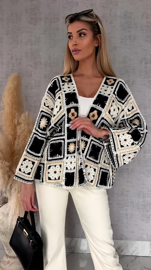 Krótki szydełkowy kardigan ONE SIZE black - R750B