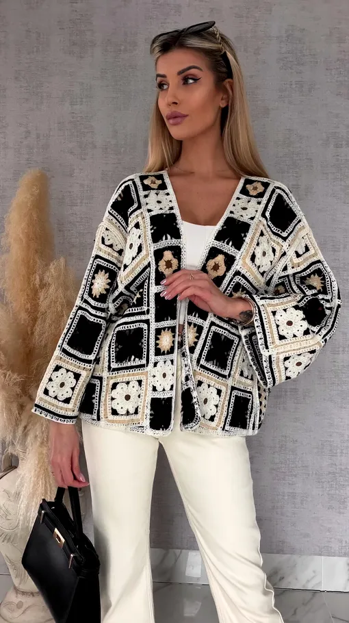 Krótki szydełkowy kardigan ONE SIZE black - R750B