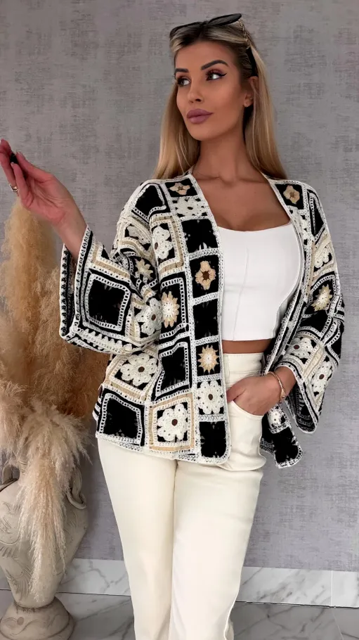 Krótki szydełkowy kardigan ONE SIZE black - R750B