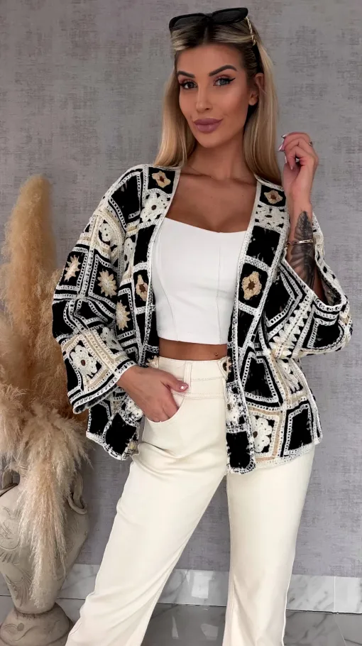 Krótki szydełkowy kardigan ONE SIZE black - R750B