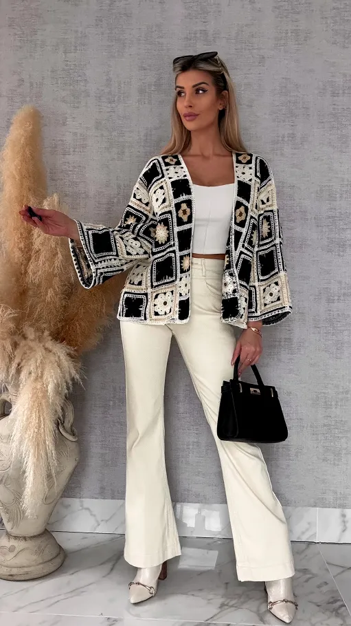 Krótki szydełkowy kardigan ONE SIZE black - R750B