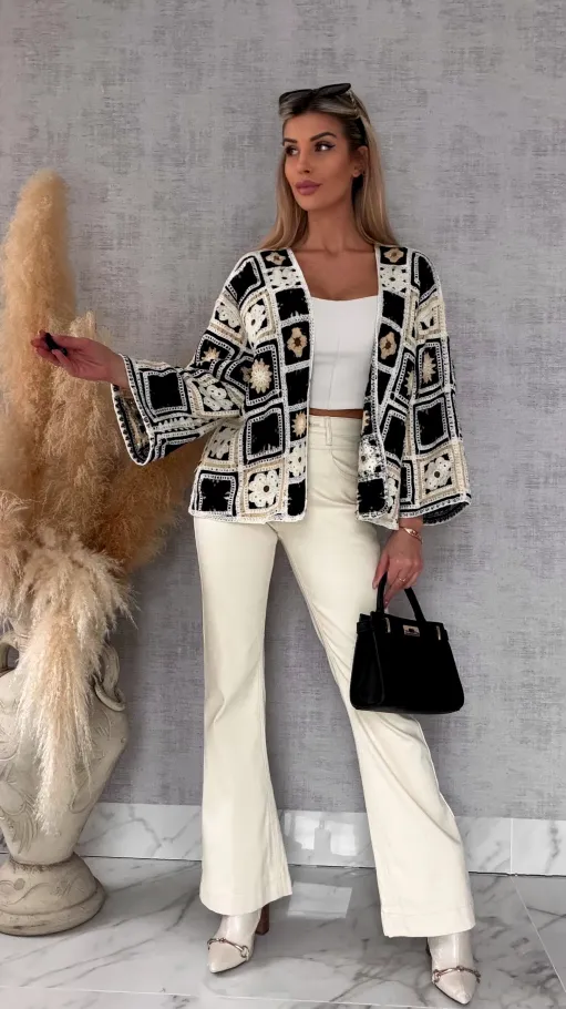 Krótki szydełkowy kardigan ONE SIZE black - R750B