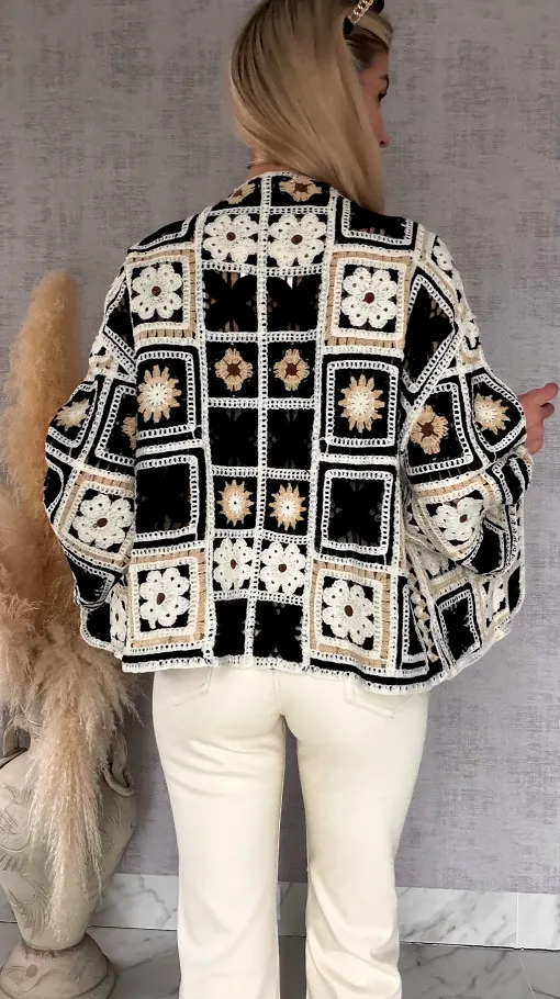 Krótki szydełkowy kardigan ONE SIZE black - R750B