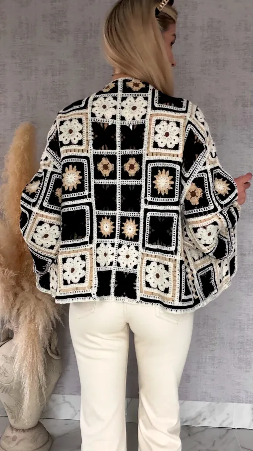 Krótki szydełkowy kardigan ONE SIZE black - R750B