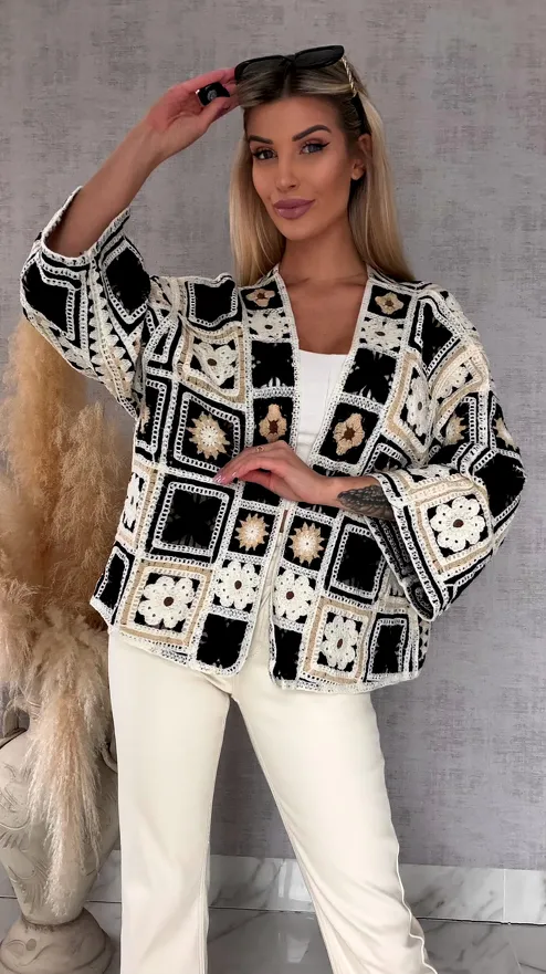 Krótki szydełkowy kardigan ONE SIZE black - R750B