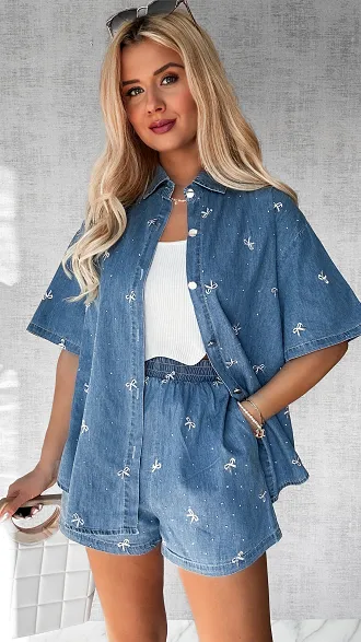 Bawełniany mięciutki komplet jeansowy w kokardki ONE SIZE - P526