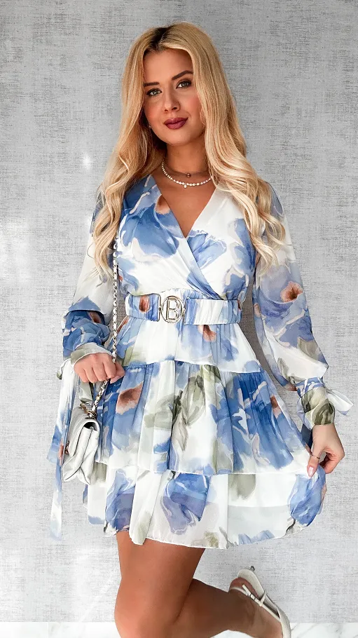 Sukienka w malowane niebieskie kwiaty z elastycznym paskiem ONE SIZE - P507