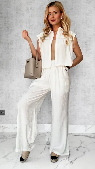 Lekki bawełniany komplet kamizelka + spodnie ONE SIZE ecru - P497