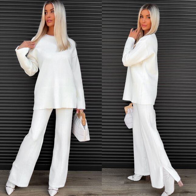 Klasyczny jesienny komplet dzianinowy ECRU sweter + spodnie ONE SIZE - S462A