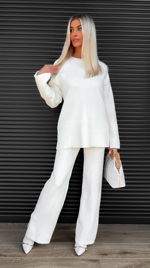 Klasyczny jesienny komplet dzianinowy ECRU sweter + spodnie ONE SIZE - S462A