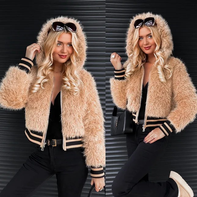 Beżowa kurtka LAMA w stylu bomberka - R306A