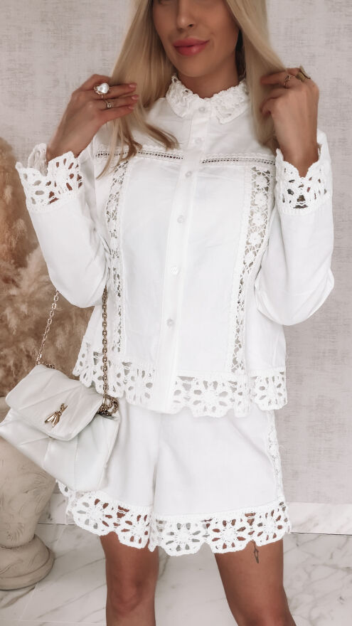 Elegancki biały komplet z koronką koszula + spodenki ONE SIZE z lnem - R775