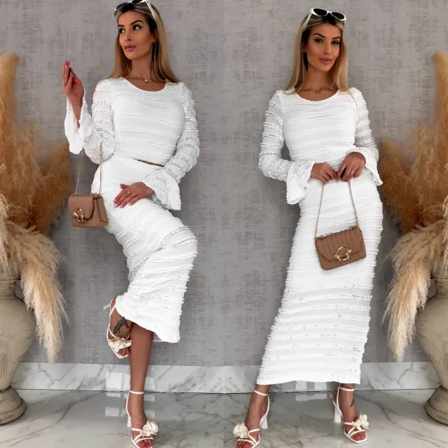 Wiosenny elastyczny komplet bluzka + midi spódnica ONE SIZE biały - R671B