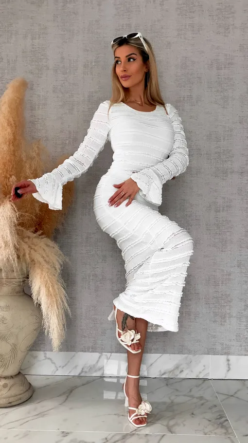 Wiosenny elastyczny komplet bluzka + midi spódnica ONE SIZE biały - R671B