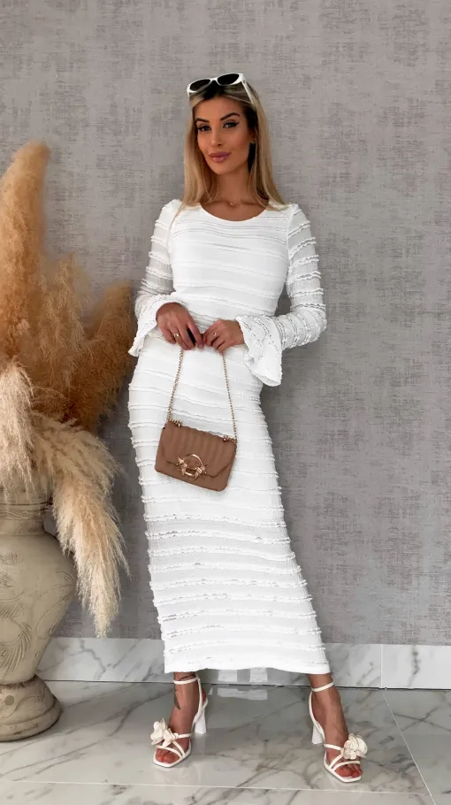 Wiosenny elastyczny komplet bluzka + midi spódnica ONE SIZE biały - R671B