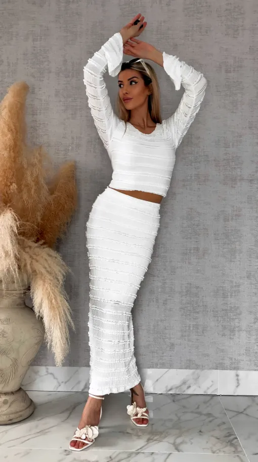 Wiosenny elastyczny komplet bluzka + midi spódnica ONE SIZE biały - R671B