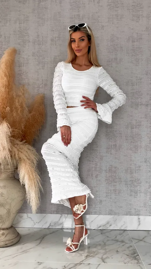 Wiosenny elastyczny komplet bluzka + midi spódnica ONE SIZE biały - R671B