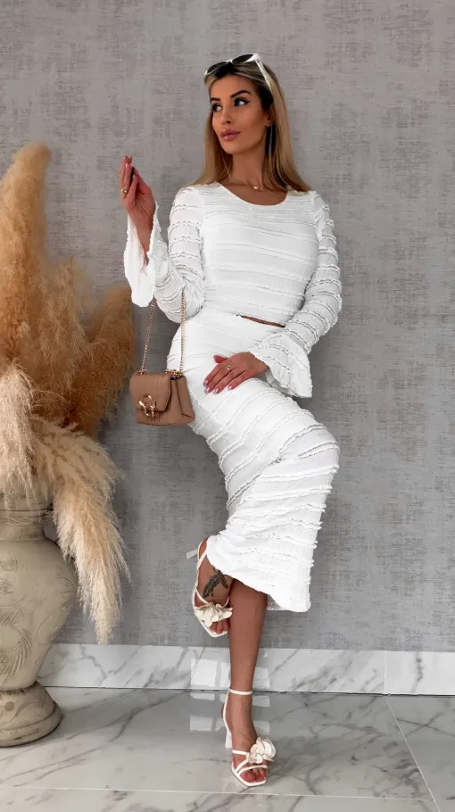 Wiosenny elastyczny komplet bluzka + midi spódnica ONE SIZE biały - R671B