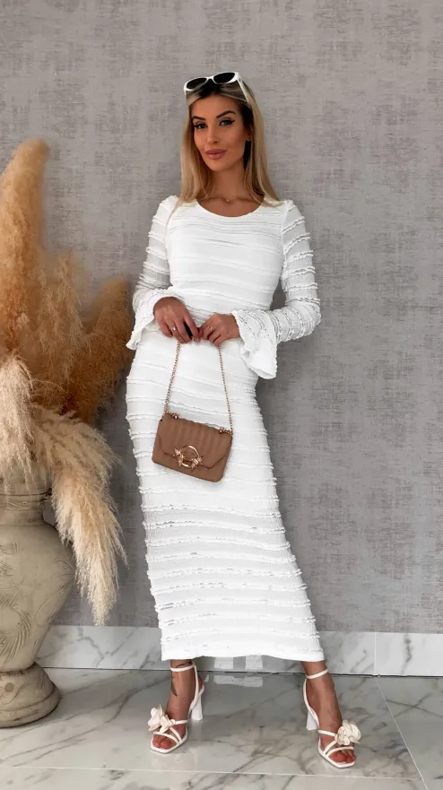 Wiosenny elastyczny komplet bluzka + midi spódnica ONE SIZE biały - R671B