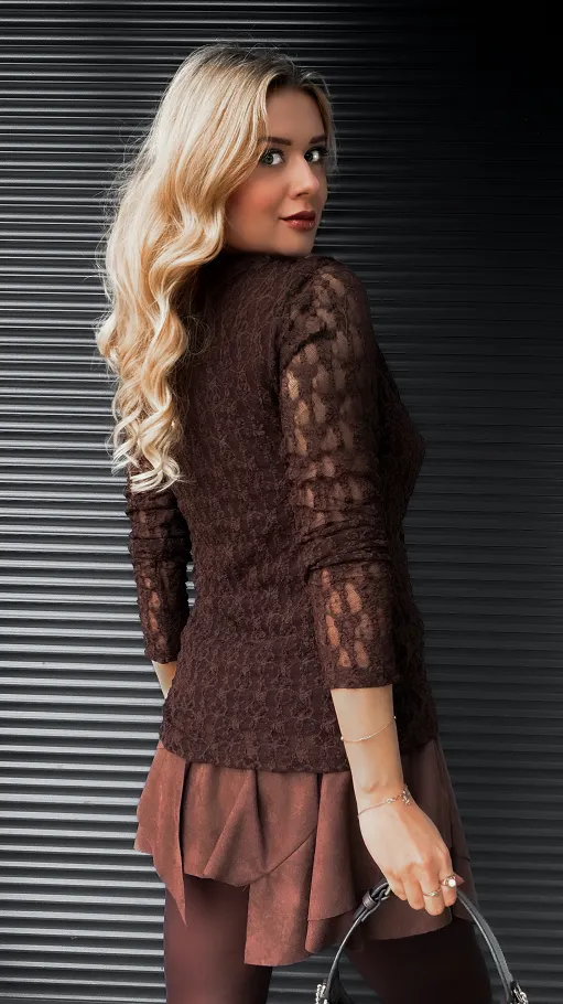 Koronkowa brązowa bluzka z dekoltem woda ONE SIZE - R401B