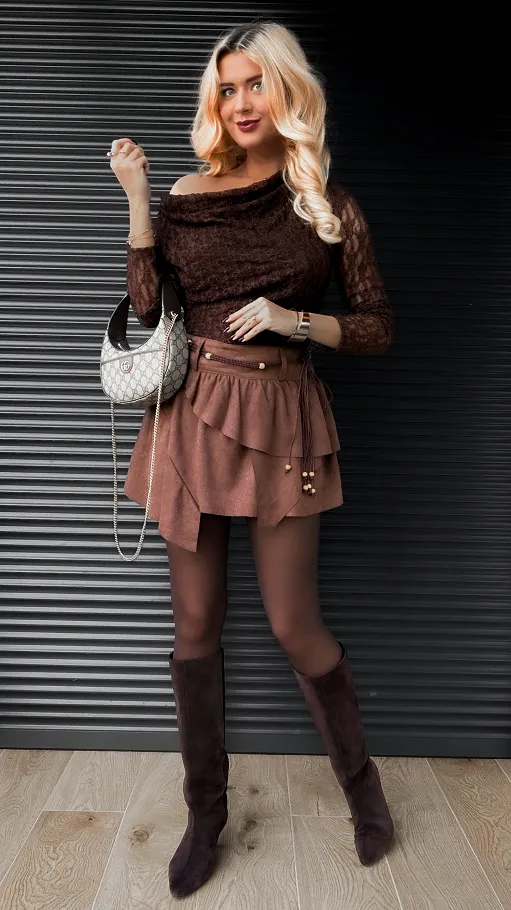 Koronkowa brązowa bluzka z dekoltem woda ONE SIZE - R401B