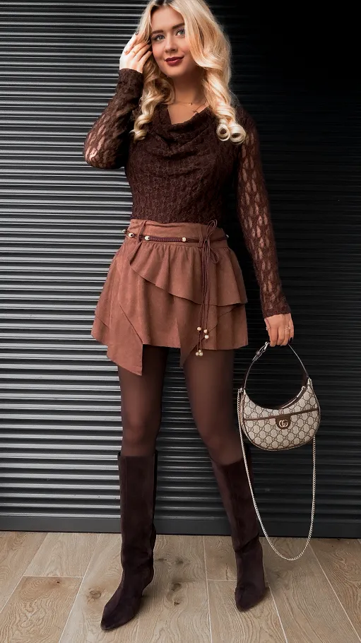 Koronkowa brązowa bluzka z dekoltem woda ONE SIZE - R401B