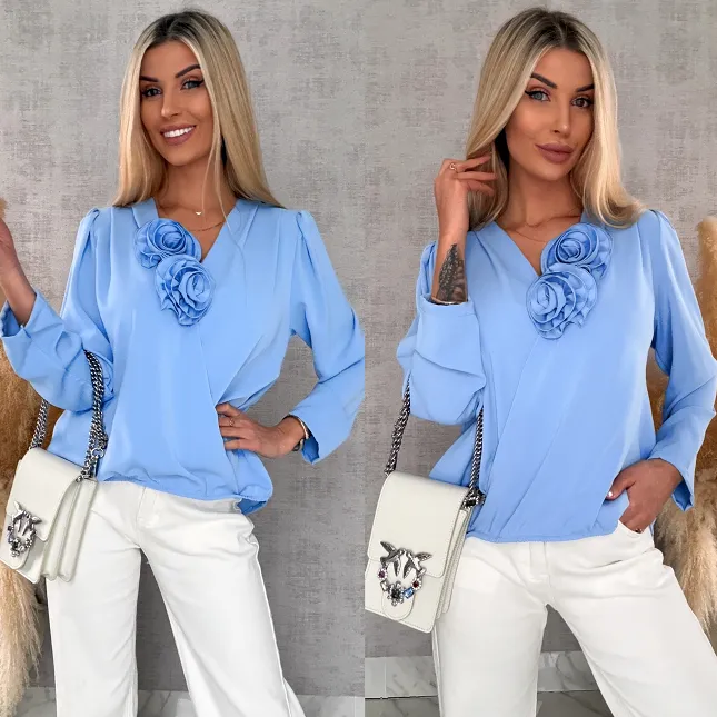 Elegancka niebieska bluzka 2 kwiaty ONE SIZE - R561A