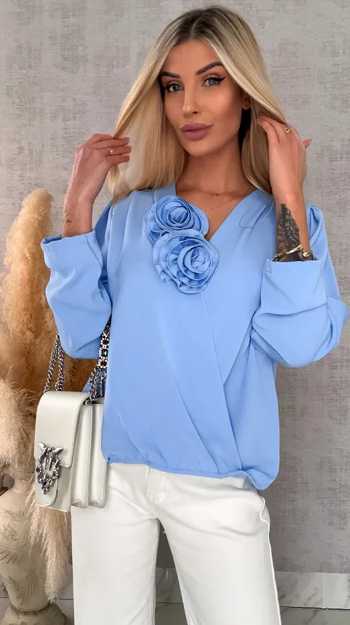 Elegancka niebieska bluzka 2 kwiaty ONE SIZE - R561A