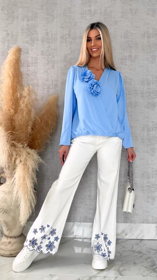 Elegancka niebieska bluzka 2 kwiaty ONE SIZE - R561A