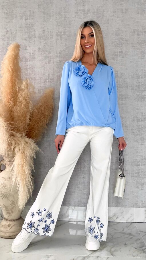 Elegancka niebieska bluzka 2 kwiaty ONE SIZE - R561A
