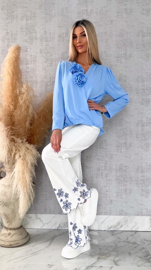 Elegancka niebieska bluzka 2 kwiaty ONE SIZE - R561A
