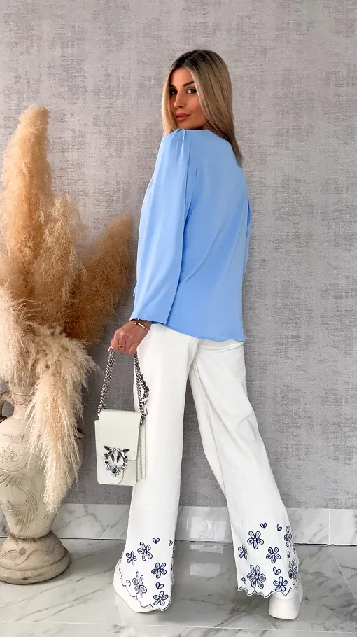 Elegancka niebieska bluzka 2 kwiaty ONE SIZE - R561A