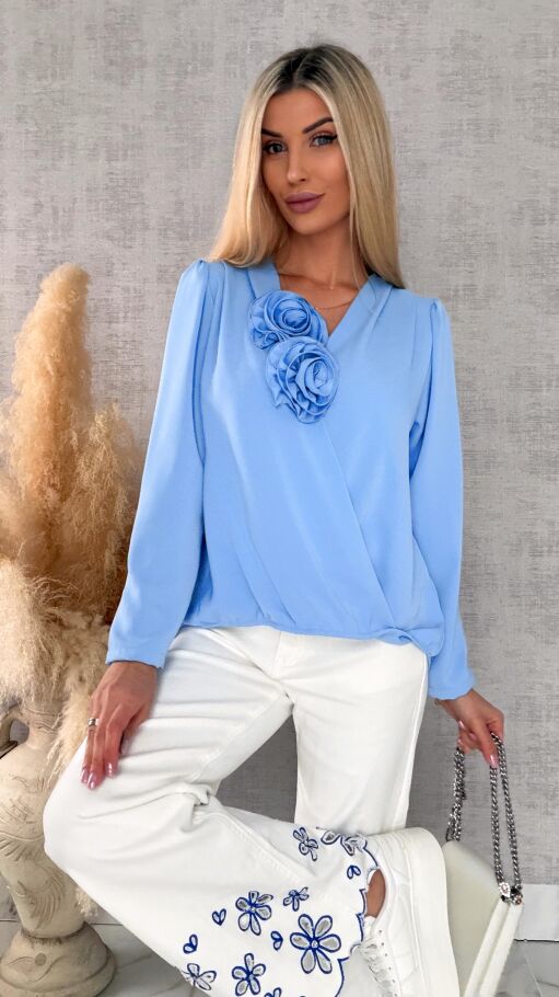 Elegancka niebieska bluzka 2 kwiaty ONE SIZE - R561A