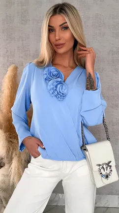 Elegancka niebieska bluzka 2 kwiaty ONE SIZE - R561A
