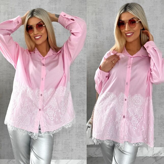 Bawełniana pastelowa koszula z białą koronką ONE SIZE pink - R526A
