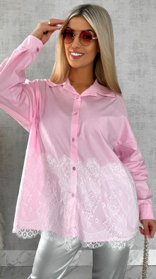 Bawełniana pastelowa koszula z białą koronką ONE SIZE pink - R526A